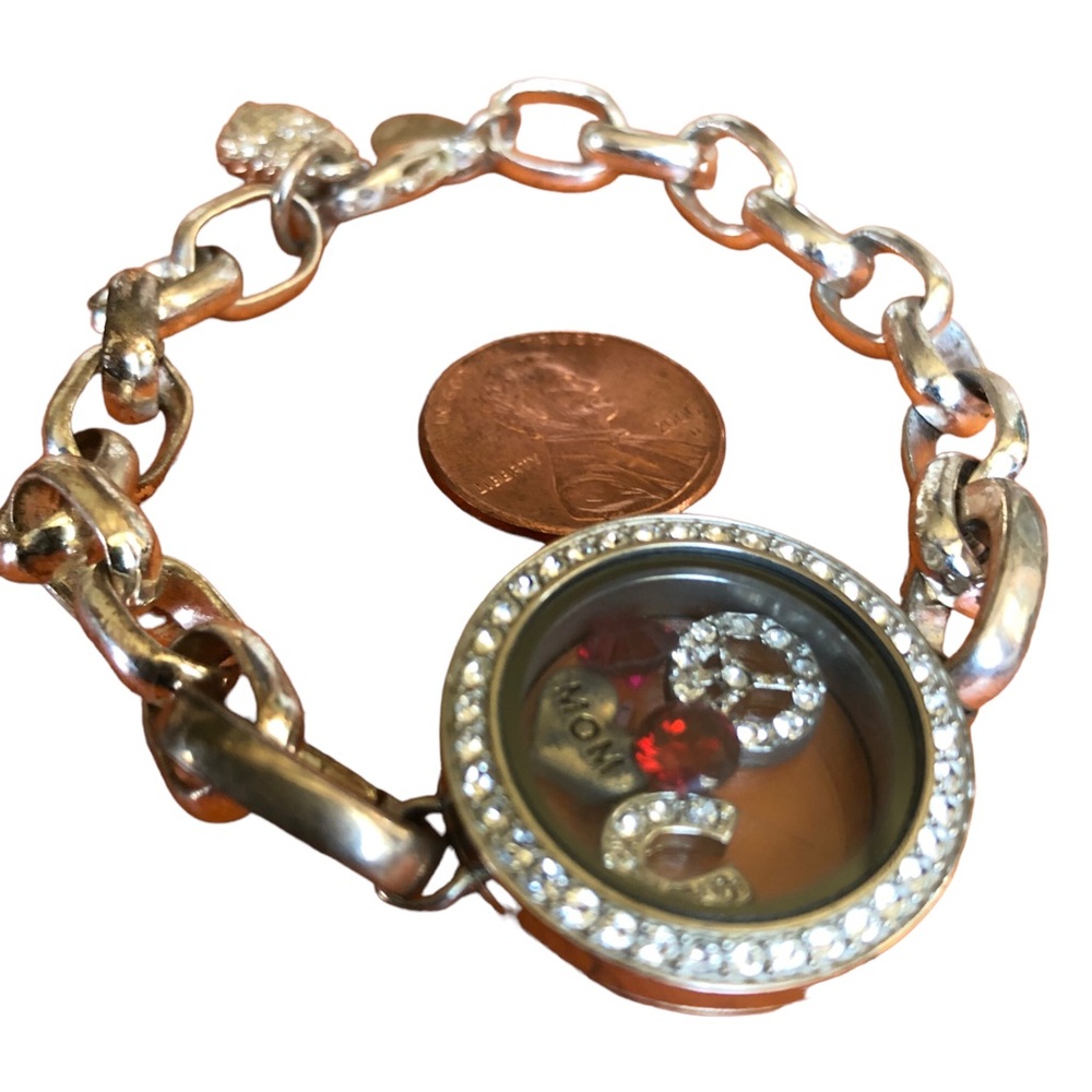 Origami Owl Silver Charm Bracelet with Rhinestones and Peace Sign